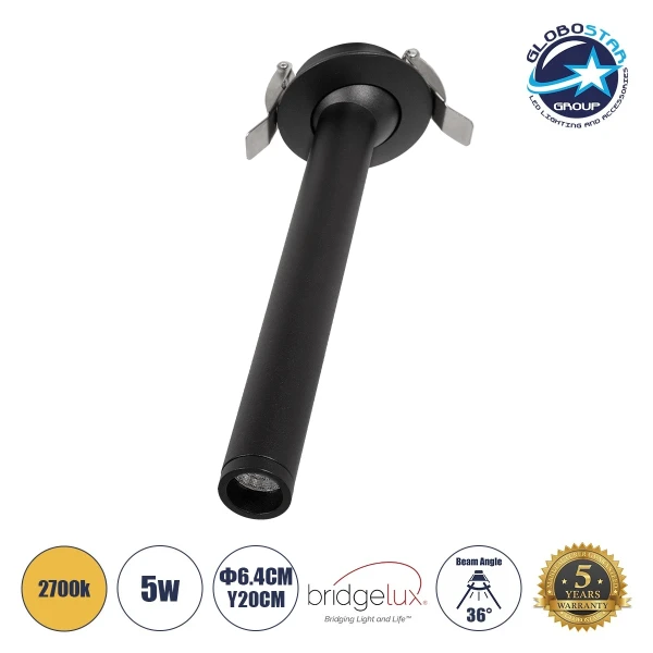 GLOBOSTAR® DALE 60372 Χωνευτό Κινούμενο Downlight Σποτ LED 5W 500lm 36° AC 220-240V IP20 Θερμό Λευκό 2700K - Bridgelux COB Chip & TÜV SÜD Driver - Μαύρο Ματ - Μ6.4 x Π6.4 x Υ20cm / Q5.5cm - 5 Χρόνια Εγγύηση