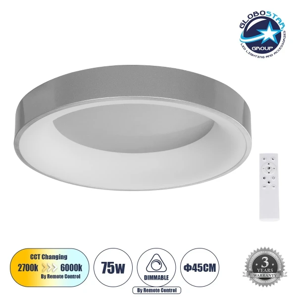 GLOBOSTAR® SALEM 61234 Μοντέρνο Φωτιστικό Οροφής LED 75W 8625lm 120° AC 220-240V IP20 Ρυθμιζόμενο Λευκό CCT με Χειριστήριο από 2700K έως 6000K Dimmable - Lumileds SMD Chip - Γκρι - Μ45 x Π45 x Υ8.5cm - 3 Χρόνια Εγγύηση