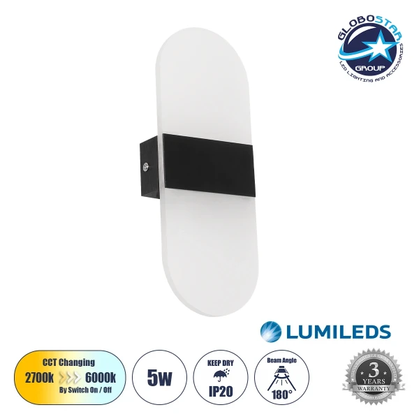 GLOBOSTAR® RARE 61337 Μοντέρνο Φωτιστικό Τοίχου - Απλίκα LED 5W 600lm 180° AC 220-240V IP20 Ρυθμιζόμενο Λευκό CCT με On/Off 2700K/4500K/6000K - Lumileds SMD Chip - Μαύρο Ματ - Μ10 x Π5 x Υ27.5cm - 3 Χρόνια Εγγύηση