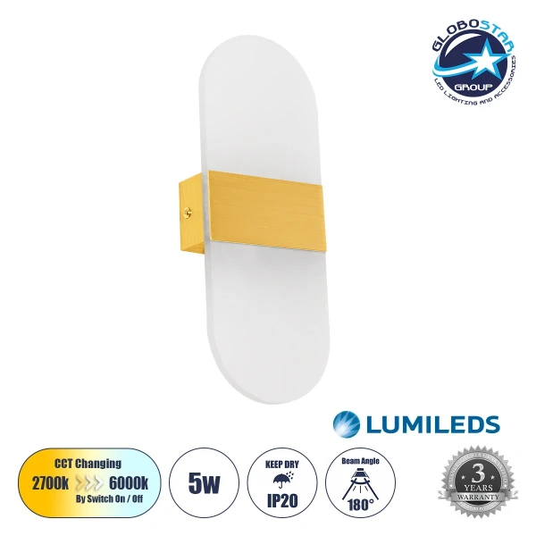 GLOBOSTAR® RARE 61338 Μοντέρνο Φωτιστικό Τοίχου - Απλίκα LED 5W 600lm 180° AC 220-240V IP20 Ρυθμιζόμενο Λευκό CCT με On/Off 2700K/4500K/6000K - Lumileds SMD Chip - Χρυσό Βούρτσας - Μ10 x Π5 x Υ27.5cm - 3 Χρόνια Εγγύηση