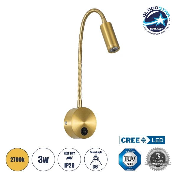 GLOBOSTAR® GOOSE 61692 Μοντέρνο Φωτιστικό Τοίχου - Απλίκα Ξενοδοχείου Reading Light LED 3W 300lm 36° AC 220-240V IP20 Θερμό Λευκό 2700K - CREE XPE Chip & TÜV SÜD Driver - Χρυσό Βούρτσας - Μ6.5 x Π15 xΥ24.5cm - 3 Χρόνια Εγγύηση