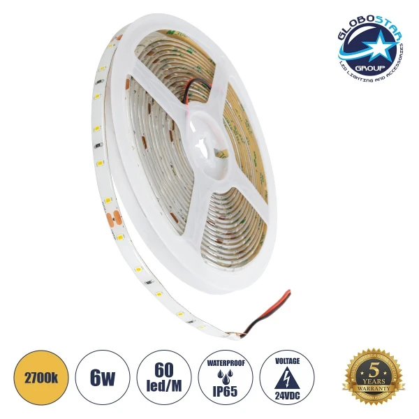 GLOBOSTAR® LILAC 70302 Ταινία LED 6W/m 540lm/m 120° DC 24V Αδιάβροχη IP65 60 x SMD2835 Chip/m Θερμό Λευκό 2700K Dimmable - Sanan SMD Chip - Μ500 x Π0.8 x Υ0.2cm - Ρολό 5 Μέτρων - 5 Χρόνια Εγγύηση