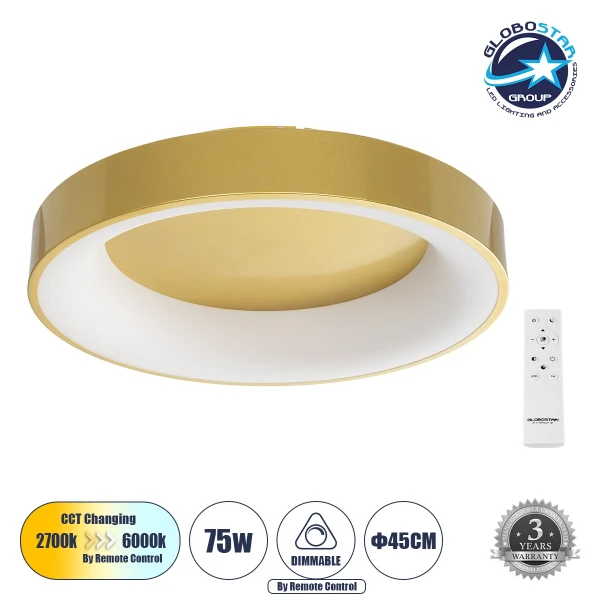 GLOBOSTAR® SALEM 61235 Μοντέρνο Φωτιστικό Οροφής LED 75W 8625lm 120° AC 220-240V IP20 Ρυθμιζόμενο Λευκό CCT με Χειριστήριο από 2700K έως 6000K Dimmable - Lumileds SMD Chip - Χρυσό - Μ45 x Π45 x Υ8.5cm - 3 Χρόνια Εγγύηση