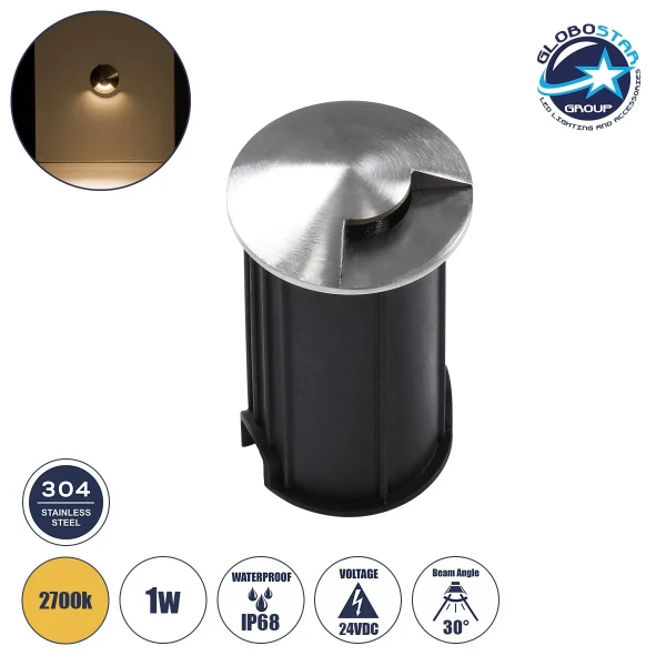 GLOBOSTAR® UNDERGROUNDRENA 90660 Φωτιστικό Σκαλοπατιού / Διαδρόμου LED 1W 110lm 30° DC 24V Αδιάβροχο IP68 Θερμό Λευκό 2700K Dimmable - Bridgelux SMD Chip - Ανοξείδωτο Ατσάλι 304 - Μ5 x Π5 x Υ9cm / Q4.2cm - 3 Χρόνια Εγγύηση