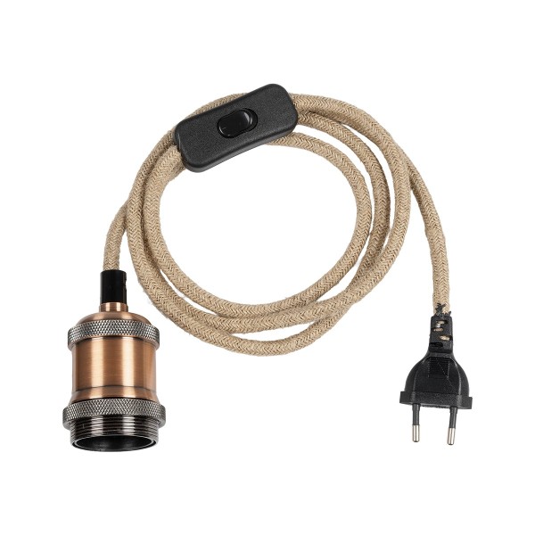 GLOBOSTAR® WHIP 77662 Μοντέρνο DIY Φωτιστικό με Υφασμάτινο Καλώδιο, Ντουί 1 x E27, Διακόπτη On/Off & Πρίζα AC 220-240V IP20 - Μπεζ & Χάλκινο - Μ150 x Π4 x Υ4cm