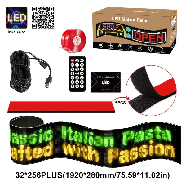 GLOBOSTAR® MATRIX GLB-106-0013 Εύκαμπτη Κυλιόμενη Ψηφιακή Επιγραφή 192x28cm P7 256x32 Pixel LED 40W AC 220-240V Αδιάβροχο IP65 Πολύχρωμο RGB - Bluetooth Control μέσω iPIXEL APP - Μ192 x Π0.2 x Υ28cm - 2 Χρόνια Εγγύηση