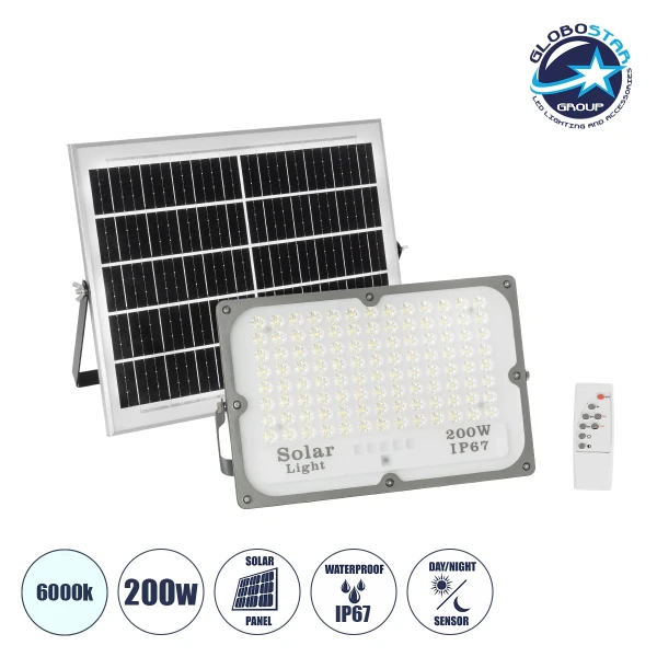 GLOBOSTAR® LUMOVOX 73068 Προβολέας LED 200W 10000lm 120° DC 5V με Φωτοβολταϊκό Panel 5V 12W & Επαναφορτιζόμενη Μπαταρία Li-ion 3.2V 10000mAh Αδιάβροχο IP67 Ψυχρό Λευκό 6000K - 180 x SMD2835 Sanan Chip - Γκρι Ανθρακί - Μ29.5 x Π5.5 x Υ19cm - 2 Χρόνια Εγγύη