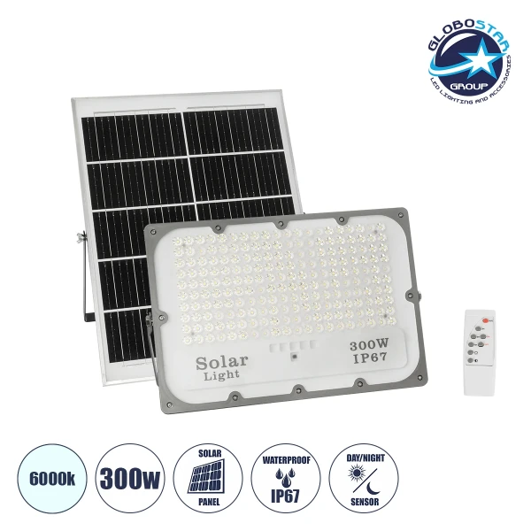 GLOBOSTAR® LUMOVOX 73069 Προβολέας LED 300W 15000lm 120° DC 5V με Φωτοβολταϊκό Panel 5V 20W & Επαναφορτιζόμενη Μπαταρία Li-ion 3.2V 15000mAh Αδιάβροχο IP67 Ψυχρό Λευκό 6000K - 360 x SMD2835 Sanan Chip - Γκρι Ανθρακί - Μ37 x Π7.5 x Υ27cm - 2 Χρόνια Εγγύηση