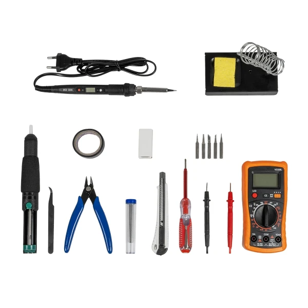 GLOBOSTAR® ELEKIT 79978 Ολοκληρωμένο DIY ΚΙΤ Εργαλείων Ηλεκτρονικού - Κολλητήρι & Βάση, Απορροφητική Τρόμπα Κόλλησης, Πλαγιοκόφτης, Τσιμπιδάκι Tweezer, Πενσέτα, Καλάι Κόλλησης, Κοπίδια, Φαλτσέτες & Ψηφιακό Πολύμετρο - Μ26 x Π18 x Υ5.5cm