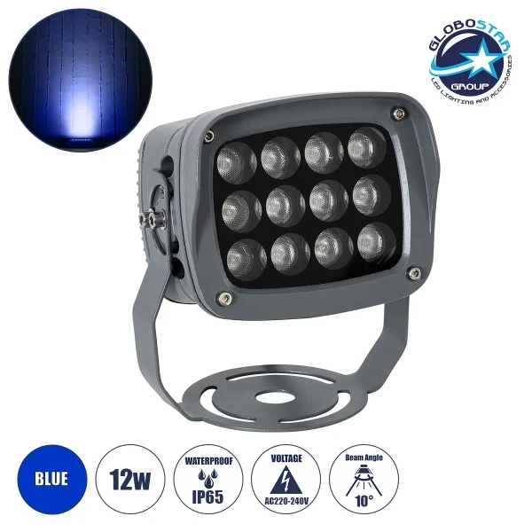 GLOBOSTAR® FLOODXENA 90124 Προβολέας Σποτ Wall Washer LED 12W 1020lm 10° AC 220-240V Αδιάβροχο IP65 Μπλε - Bridgelux SMD Chip - Γκρι Ανθρακί - Μ13.5 x Π11 x Υ15cm - 3 Χρόνια Εγγύηση