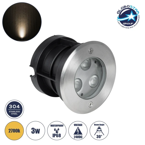 GLOBOSTAR® UNDERWATERHUNI 90414 Υποβρύχιο Χωνευτό Σποτ για Σιντριβάνια/Πισίνες LED 3W 270lm 30° DC 24V Αδιάβροχο IP68 Θερμό Λευκό 2700K Dimmable - Bridgelux SMD Chip - Ανοξείδωτο Ατσάλι SS304 - Μ10 x Π10 x Υ7.5cm / Q9.5cm - 3 Χρόνια Εγγύηση