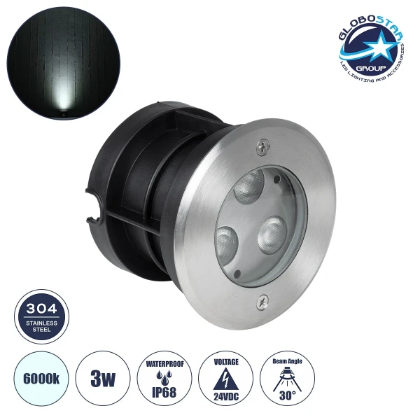 GLOBOSTAR® UNDERWATERHUNI 90415 Υποβρύχιο Χωνευτό Σποτ για Σιντριβάνια/Πισίνες LED 3W 300lm 30° DC 24V Αδιάβροχο IP68 Ψυχρό Λευκό 6000K Dimmable - Bridgelux SMD Chip - Ανοξείδωτο Ατσάλι SS304 - Μ10 x Π10 x Υ7.5cm / Q9.5cm - 3 Χρόνια Εγγύηση