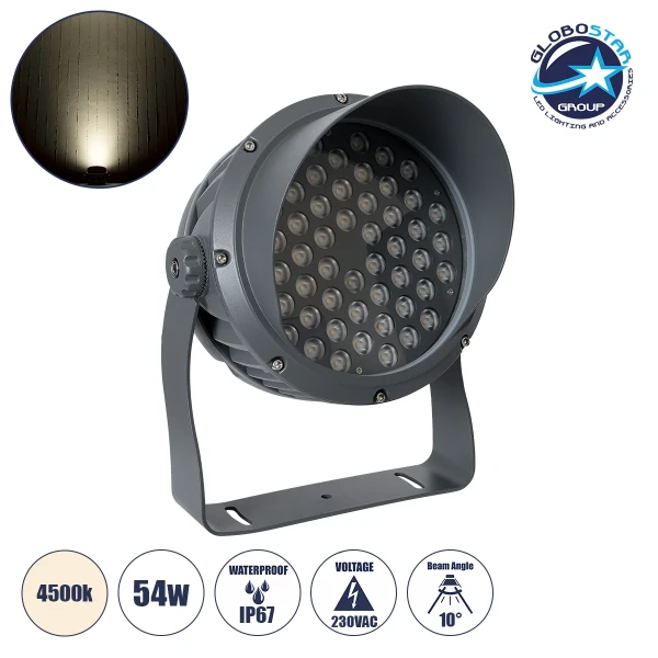 GLOBOSTAR® FLOODIMO 90744 Προβολέας Σποτ Wall Washer με Αντιθαμβωτική Γρίλια LED 54W 5130lm 10° AC 220-240V Αδιάβροχο IP67 Φυσικό Λευκό 4500K - Bridgelux SMD Chip - Γκρι Ανθρακί - Μ26 x Π28 x Υ35cm - 3 Χρόνια Εγγύηση