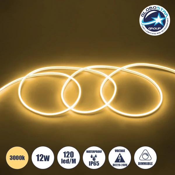 GLOBOSTAR® NEOVALE 70572 Ταινία Neon Flex LED 12W/m 840lm/m 120° DC 220-240V Αδιάβροχο IP65 120 x SMD2835 Chip/m Θερμό Λευκό 3000K Dimmable - Sanan SMD Chip - Μ100 x Π0.8 x Υ1.6cm - 3 Χρόνια Εγγύηση