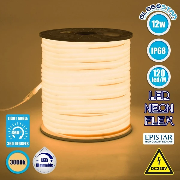 GLOBOSTAR® NEOTUBE 70592 Ταινία Neon Flex LED 12W/m 840lm/m 360° DC 220-240V Αδιάβροχο IP65 120 x SMD2835 Chip/m Θερμό Λευκό 3000K Dimmable - Sanan SMD Chip - Μ100 x Π1.3 x Υ1.3cm - 3 Χρόνια Εγγύηση