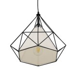 GloboStar® KAIRI 01618 Μοντέρνο Industrial Κρεμαστό Φωτιστικό Οροφής Μονόφωτο 1 x E27 Μαύρο με Άσπρο Ύφασμα Μεταλλικό Πλέγμα Φ38 x Υ39cm