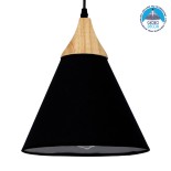 GloboStar® SHADE TEXTILE 01576 Μοντέρνο Κρεμαστό Φωτιστικό Οροφής Μονόφωτο 1 x E27 Μαύρο Υφασμάτινο με Ξύλο Καμπάνα Φ25 x Υ30cm