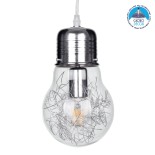 GloboStar® LAMP 01676 Μοντέρνο Κρεμαστό Φωτιστικό Φιγούρα Μονόφωτο 1 x E27 IP20 Ασημί Μέταλλο με Διάφανο Γυαλί - Μ15 x Π15 x Υ27cm