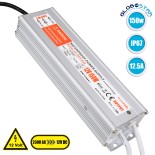 GloboStar® 73053 Μεταλλικό Τροφοδοτικό SELV για Προϊόντα LED 150W 12.5A - AC 220-240V σε DC 12V - Αδιάβροχο IP67 L24.3 x W7.4 x H4.5cm - 3 Χρόνια Εγγύηση