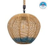 GloboStar® SIMON 00726 Boho Κρεμαστό Φωτιστικό Μπάλα Μονόφωτο 1 x E27 IP20 Μπεζ & Μπλε Σχοινί - Μ30 x Π30 x Υ30cm