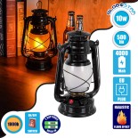 GloboStar® 76546 Vintage Επιτραπέζιο Διακοσμητικό Φωτιστικό LED Retro Μαύρο Φαναράκι Flame Effect 10W 500lm Επαναφορτιζόμενο με Διακόπτη On/Off & Καλώδιο EU Πρίζα - Μπαταρίας 2x18650 4000Mah (Περιλαμβάνονται) Ultra Θερμό Λευκό 1800K