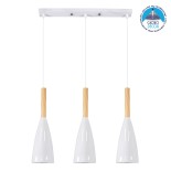 GloboStar® DILLON 00631 Μοντέρνο Κρεμαστό Φωτιστικό Ράγα Τρίφωτο 3 x E27 IP20 Λευκό Μέταλλο με Μπεζ Ξύλο - Μ54 x Π14 x Υ130cm