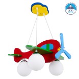 GloboStar® AIRPLANE 01575 Παιδικό Κρεμαστό Φωτιστικό Φιγούρα Τρίφωτο 3 x E27 IP20 Πολύχρωμο Ξύλο με Λευκό Γυαλί - Μ51 x Π49 x Υ26cm