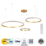 GloboStar® DIAMOND TRIO 61145 Κρεμαστό Φωτιστικό Δαχτυλίδι-Κύκλος LED CCT 120W 14723lm 360° AC 220-240V - Εναλλαγή Φωτισμού μέσω Τηλεχειριστηρίου All In One Ψυχρό 6000k+Φυσικό 4500k+Θερμό 2700k Dimmable Φ40+60+80cm - Χρυσό Βούρτσας - 3 Years Warranty