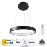 GloboStar® NEMESIS 61155 Κρεμαστό Φωτιστικό Δαχτυλίδι-Κύκλος LED CCT 30W 3513lm 360° AC 220-240V - Εναλλαγή Φωτισμού μέσω Τηλεχειριστηρίου All In One Ψυχρό 6000k+Φυσικό 4500k+Θερμό 2700k Dimmable Φ40cm - Μαύρο - 3 Years Warranty