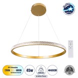 GloboStar® DIAMOND 61131 Κρεμαστό Φωτιστικό Δαχτυλίδι-Κύκλος LED CCT 45W 5230lm 360° AC 220-240V - Εναλλαγή Φωτισμού μέσω Τηλεχειριστηρίου All In One Ψυχρό 6000k+Φυσικό 4500k+Θερμό 2700k Dimmable Φ60cm - Χρυσό Βούρτσας - 3 Years Warranty
