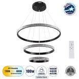 GloboStar® DIAMOND TRIO 61136 Κρεμαστό Φωτιστικό Δαχτυλίδι-Κύκλος LED CCT 100W 12123lm 360° AC 220-240V - Εναλλαγή Φωτισμού μέσω Τηλεχειριστηρίου All In One Ψυχρό 6000k+Φυσικό 4500k+Θερμό 2700k Dimmable Φ25+40+60cm - Μαύρο - 3 Years Warranty