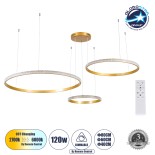 GloboStar® DIAMOND TRIO 61145 Κρεμαστό Φωτιστικό Δαχτυλίδι-Κύκλος LED CCT 120W 14723lm 360° AC 220-240V - Εναλλαγή Φωτισμού μέσω Τηλεχειριστηρίου All In One Ψυχρό 6000k+Φυσικό 4500k+Θερμό 2700k Dimmable Φ40+60+80cm - Χρυσό Βούρτσας - 3 Years Warranty