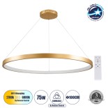 GloboStar® NEMESIS 61166 Κρεμαστό Φωτιστικό Δαχτυλίδι-Κύκλος LED CCT 75W 8743lm 360° AC 220-240V - Εναλλαγή Φωτισμού μέσω Τηλεχειριστηρίου All In One Ψυχρό 6000k+Φυσικό 4500k+Θερμό 2700k Dimmable Φ100cm - Χρυσό Βούρτσας - 3 Years Warranty
