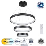 GloboStar® NEMESIS TRIO 61167 Κρεμαστό Φωτιστικό Δαχτυλίδι-Κύκλος LED CCT 100W 12123lm 360° AC 220-240V - Εναλλαγή Φωτισμού μέσω Τηλεχειριστηρίου All In One Ψυχρό 6000k+Φυσικό 4500k+Θερμό 2700k Dimmable Φ25+40+60cm - Μαύρο - 3 Years Warranty