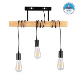 GloboStar® JOLLY 00605 Vintage Κρεμαστό Φωτιστικό Ράγα Τρίφωτο 3 x E27 IP20 Μαύρο Μέταλλο με Μπεζ Ξύλο - Μ55 x Π6 x Υ30cm έως Y115cm max