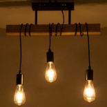GloboStar® JOLLY 00605 Vintage Κρεμαστό Φωτιστικό Ράγα Τρίφωτο 3 x E27 IP20 Μαύρο Μέταλλο με Μπεζ Ξύλο - Μ55 x Π6 x Υ30cm έως Y115cm max