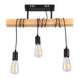 GloboStar® JOLLY 00605 Vintage Κρεμαστό Φωτιστικό Ράγα Τρίφωτο 3 x E27 IP20 Μαύρο Μέταλλο με Μπεζ Ξύλο - Μ55 x Π6 x Υ30cm έως Y115cm max