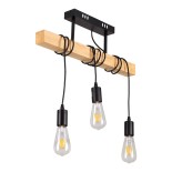 GloboStar® JOLLY 00605 Vintage Κρεμαστό Φωτιστικό Ράγα Τρίφωτο 3 x E27 IP20 Μαύρο Μέταλλο με Μπεζ Ξύλο - Μ55 x Π6 x Υ30cm έως Y115cm max