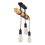 GloboStar® JOLLY 00605 Vintage Κρεμαστό Φωτιστικό Ράγα Τρίφωτο 3 x E27 IP20 Μαύρο Μέταλλο με Μπεζ Ξύλο - Μ55 x Π6 x Υ30cm έως Y115cm max
