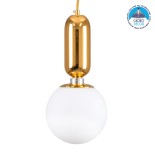 GloboStar® MAVERICK 00943 Μοντέρνο Κρεμαστό Φωτιστικό Οροφής Μονόφωτο 1 x E27 Χρυσό Μεταλλικό Γυάλινο Μπάλα Φ15 x Υ33cm