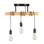 GloboStar® JOLLY 00605 Vintage Κρεμαστό Φωτιστικό Ράγα Τρίφωτο 3 x E27 IP20 Μαύρο Μέταλλο με Μπεζ Ξύλο - Μ55 x Π6 x Υ30cm έως Y115cm max
