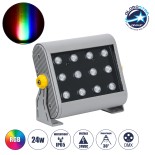 GloboStar® FLOOD-HENA 90641 Προβολέας Wall Washer για Φωτισμό Κτιρίων LED 24W 2400lm 30° DC 24V Αδιάβροχο IP65 Μ22.5 x Π6 x Υ16.5cm Πολύχρωμο RGB DMX512 - Ασημί - 3 Years Warranty