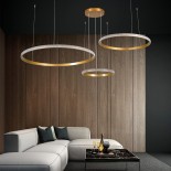 GloboStar® DIAMOND TRIO 61145 Κρεμαστό Φωτιστικό Δαχτυλίδι-Κύκλος LED CCT 120W 14723lm 360° AC 220-240V - Εναλλαγή Φωτισμού μέσω Τηλεχειριστηρίου All In One Ψυχρό 6000k+Φυσικό 4500k+Θερμό 2700k Dimmable Φ40+60+80cm - Χρυσό Βούρτσας - 3 Years Warranty