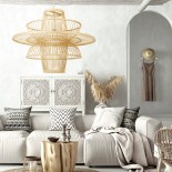 GloboStar® BALI 00862 Boho Κρεμαστό Φωτιστικό Πλέγμα Μονόφωτο 1 x E27 IP20 Μπεζ Ξύλο - Μ60 x Π60 x Υ45cm