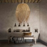 GloboStar® MANILA 00713 Boho Κρεμαστό Φωτιστικό Πλέγμα Μονόφωτο 1 x E27 IP20 Μπέζ Ξύλο - Μ50 x Π50 x Υ70cm