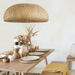 GloboStar® SAN TROPEZ 00673 Boho Κρεμαστό Φωτιστικό Καμπάνα Μονόφωτο 1 x E27 IP20 Μπεζ Ξύλο - Μ100 x Π100 x Y35cm