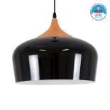 GloboStar® VILI 01261 Μοντέρνο Κρεμαστό Φωτιστικό Καμπάνα Μονόφωτο 1 x E27 IP20 Μαύρο Μέταλλο με Μπεζ Ξύλο - Μ35 x Π35 x Υ27cm
