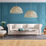 GloboStar® COMORES 01727 Boho Κρεμαστό Φωτιστικό Καμπάνα Μονόφωτο 1 x E27 IP20 Μπεζ Ρατάν - Μ40 x Π40 x Y20cm