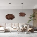 GloboStar® MINORCA 01732 Boho Κρεμαστό Φωτιστικό Πλέγμα Μονόφωτο 1 x E27 IP20 Καφέ Ξύλο - Μ30 x Π30 x Y18cm