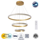 GLOBOSTAR® DIAMOND TRIO 61137 Μοντέρνο Κρεμαστό Φωτιστικό Οροφής LED 100W 12123lm 360° AC 220-240V IP20 Ρυθμιζόμενο Λευκό CCT με Χειριστήριο από 2700K έως 6000K Dimmable - Lumileds SMD Chip - Χρυσό Βούρτσας - Μ60 x Π60 x Υ60cm - 3 Χρόνια Εγγύηση
